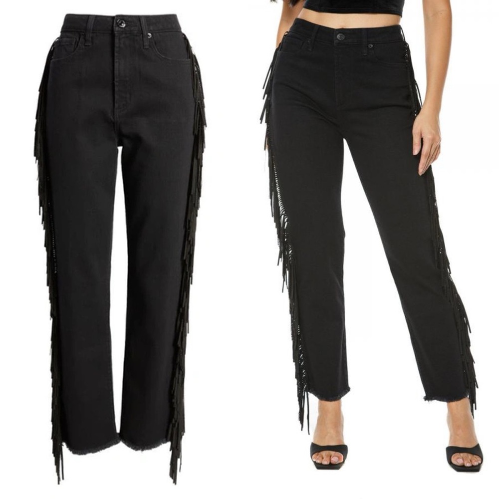 Jeans | Womens Juicy Couture Venice Straight Leg Jeans With Fringe Black Wash